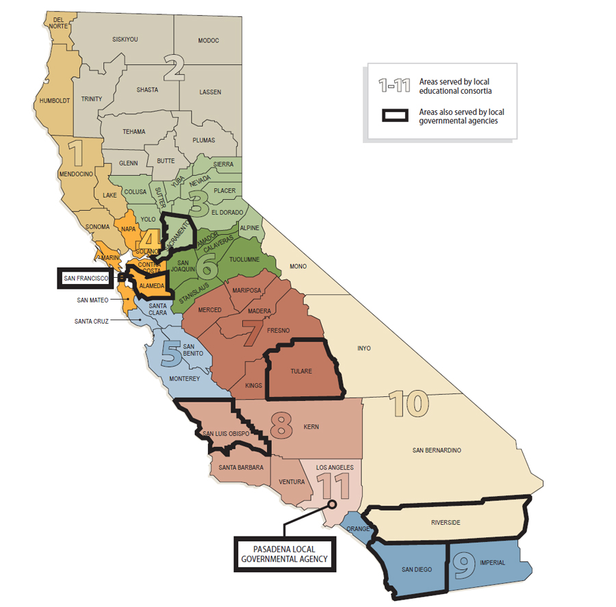 A map of the State’s counties showing the service areas for the 11 local educational consortiums and the 8 local governmental agencies