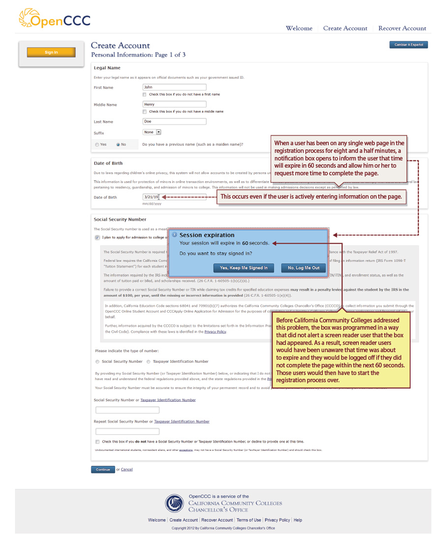 California Community Colleges, Account Creation Accessibility Violation