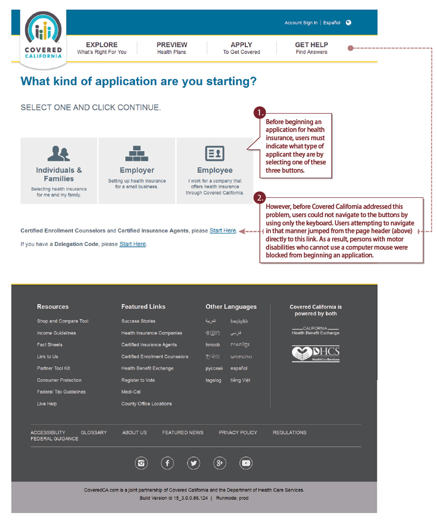 Covered California, Application Accessibility Violation