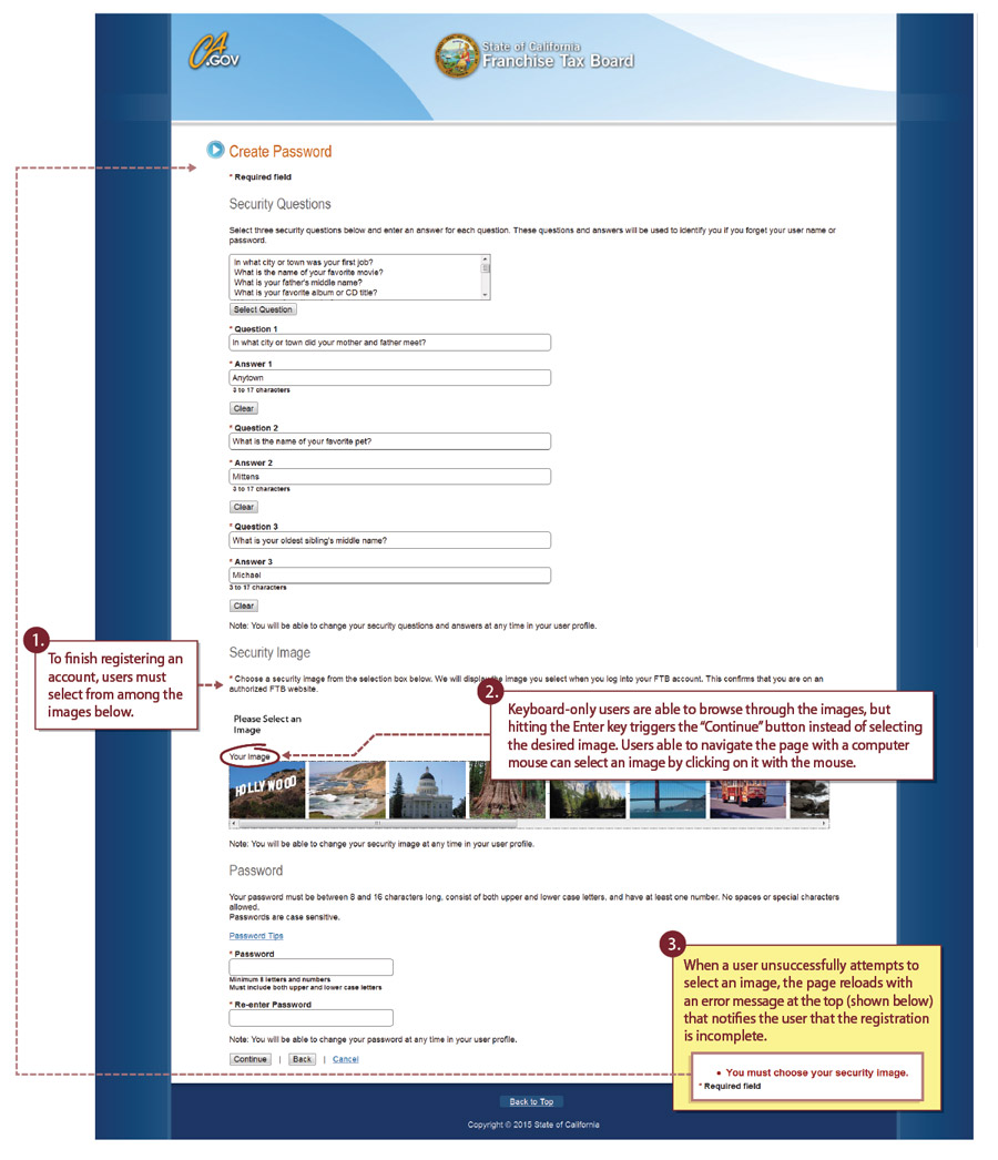 Franchise Tax board, Account Creation Process Accessibility Violation