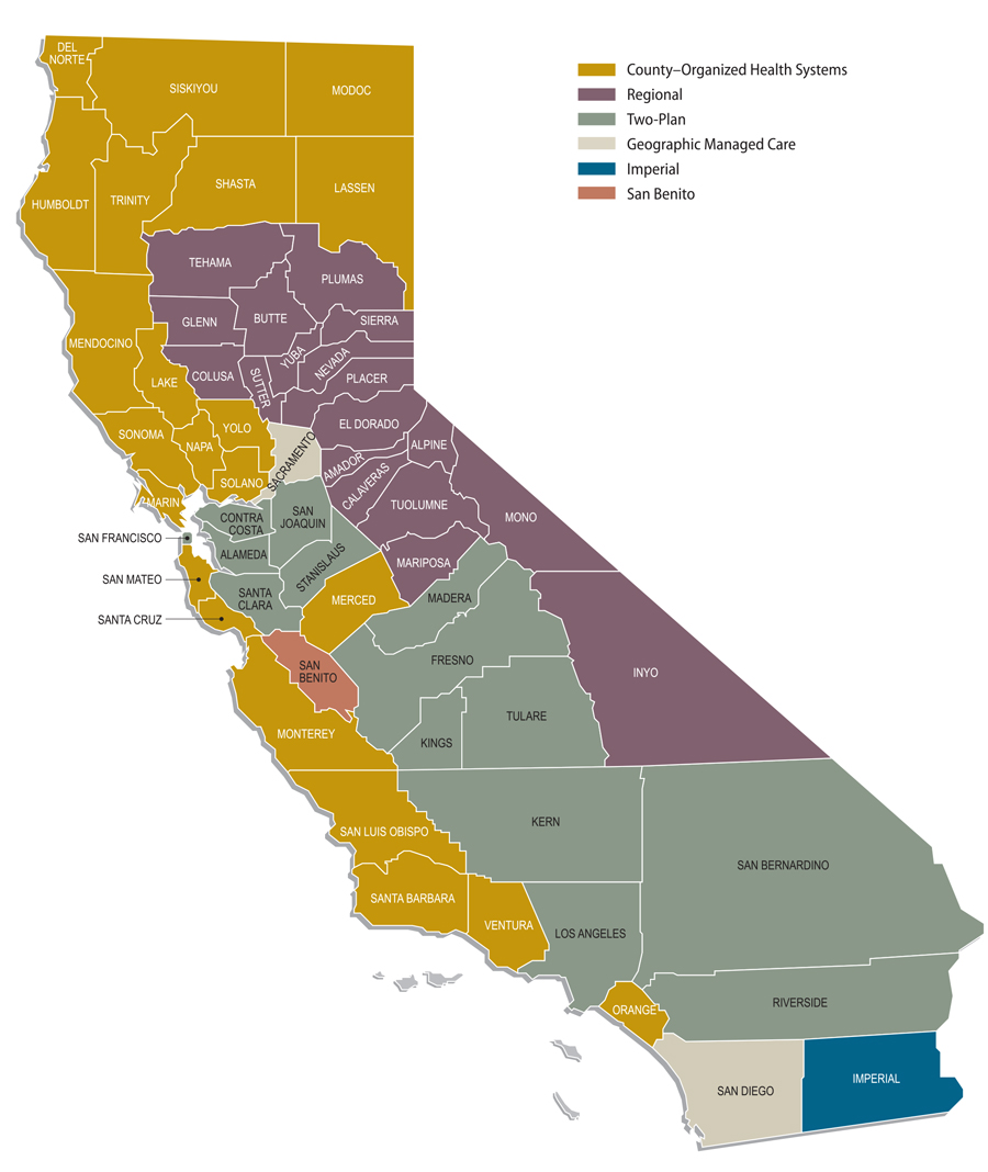 A figure showing which Medical Assistance Program Managed Care model is utilized by each county in California.