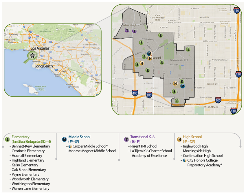 A map plotting the locations of Inglewood Unified School District schools within the district’s boundaries.