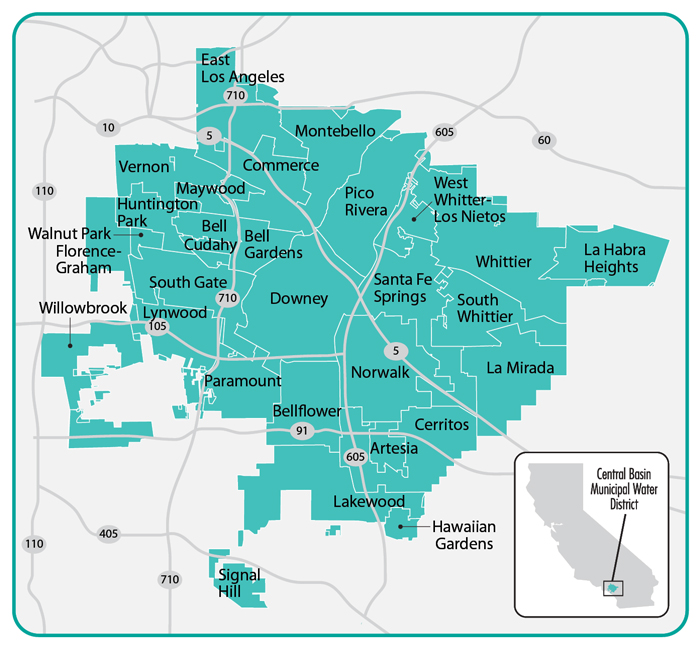 Figure 2, a map highlighting the Central Basin Municipal Water District’s service area, which is located in Los Angeles County, and the cities included in that area.