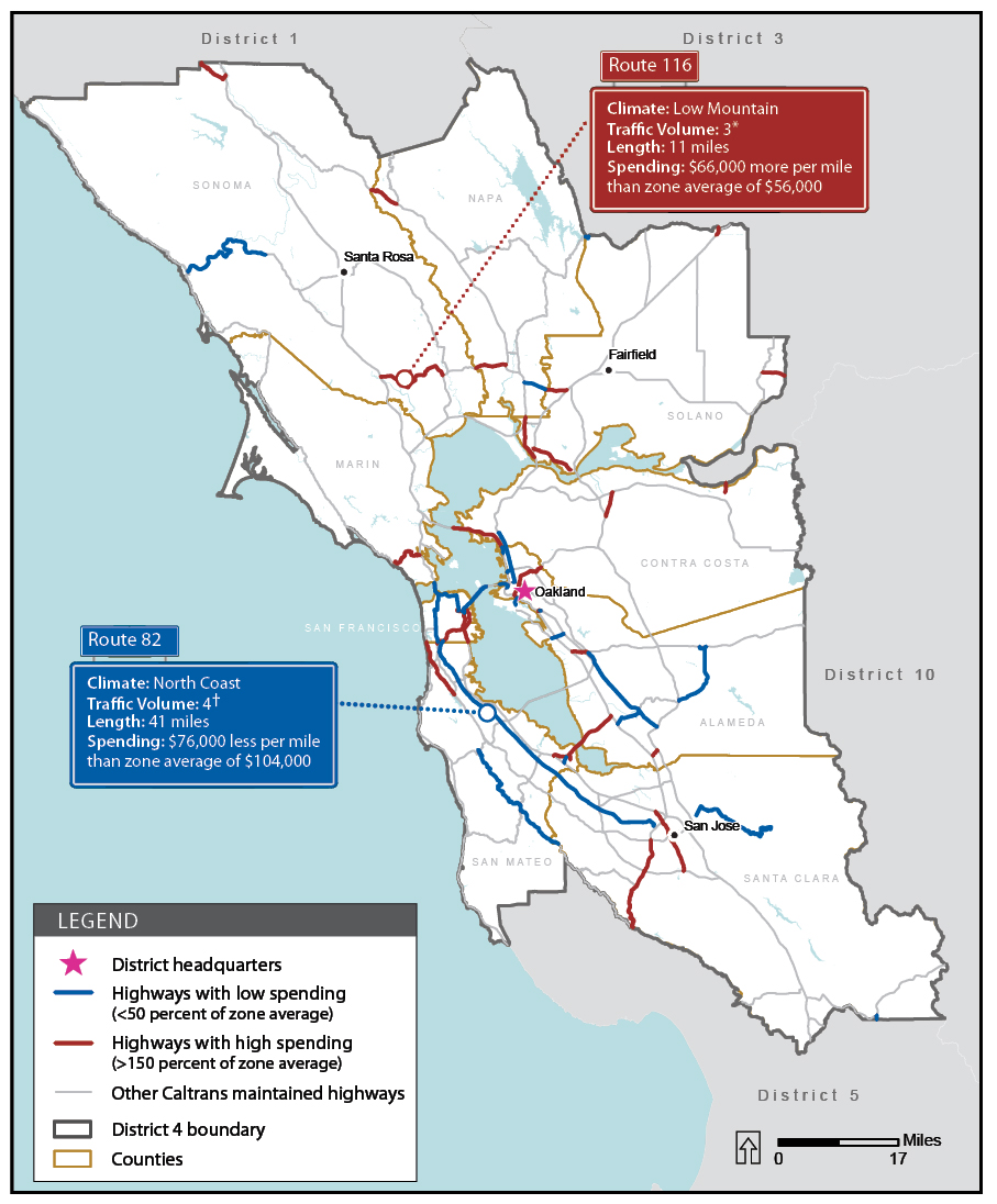 A map showing areas of high and low field maintenance spending on segments of highways in district 4 (Oakland).