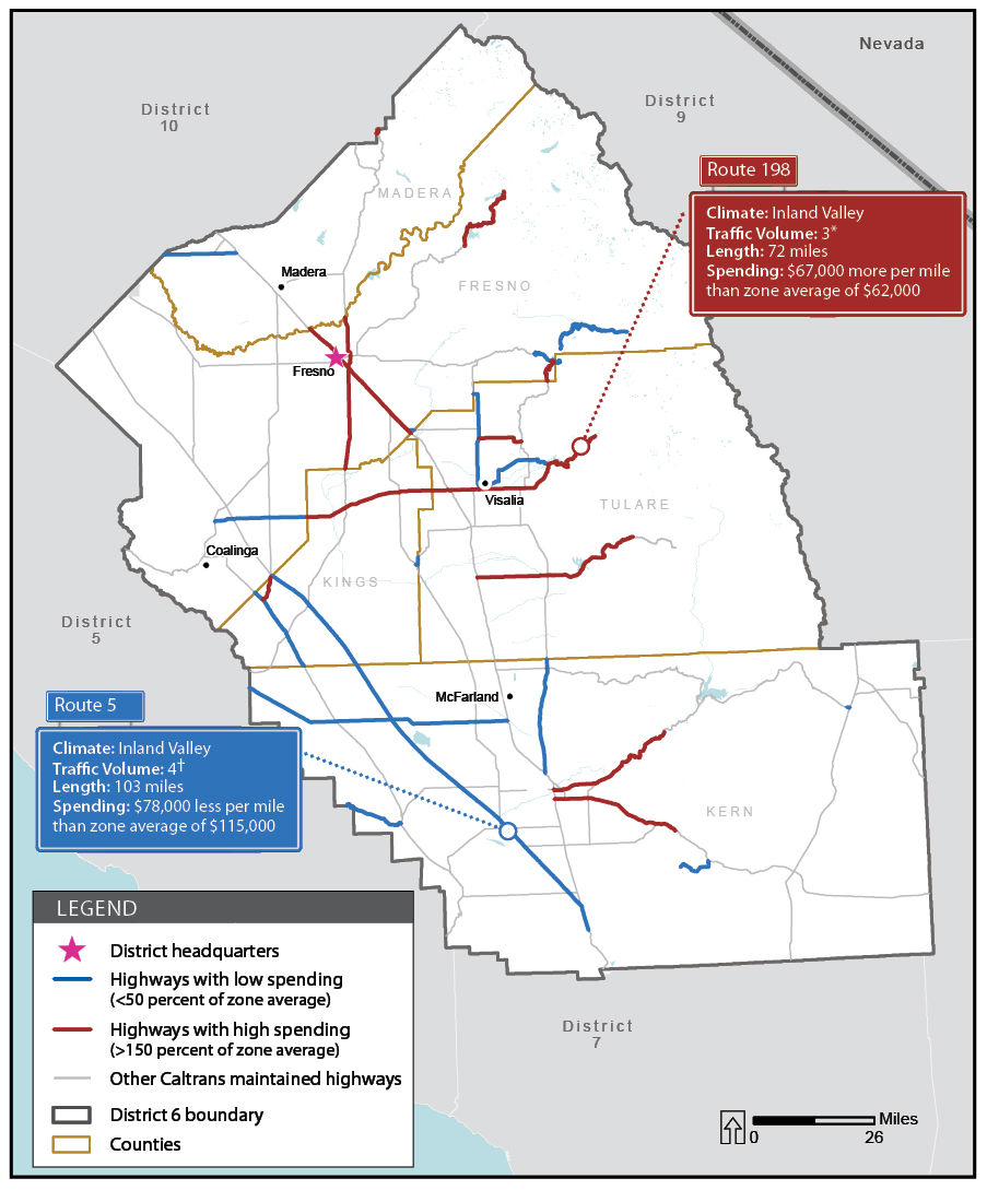 A map showing areas of high and low field maintenance spending on segments of highways in district 6 (Fresno).