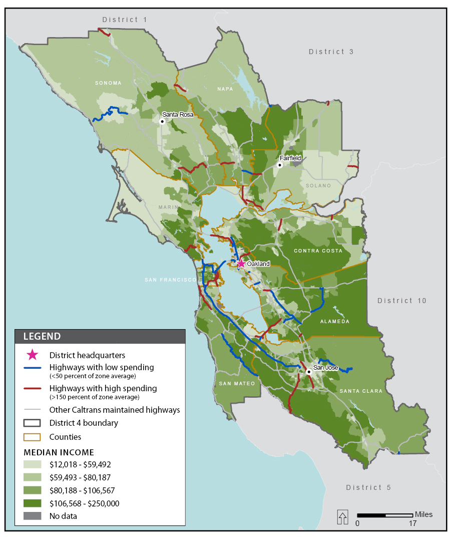 A map showing median income for each U.S. census tract in district 4 (Oakland) and segments of highways with high and low field maintenance spending in district 4 (Oakland).