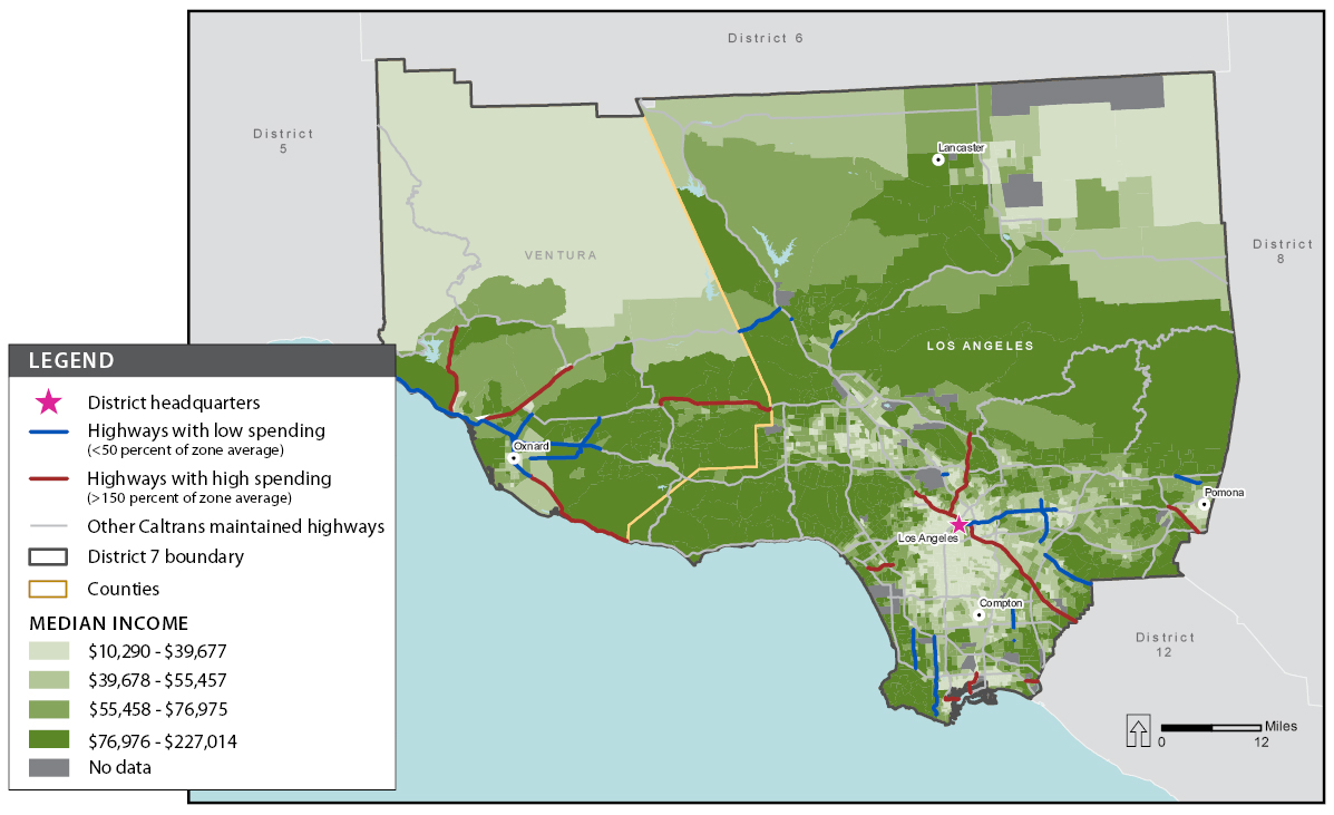 A map showing median income for each U.S. census tract in district 7 (Los Angeles) and segments of highways with high and low field maintenance spending in district 7 (Los Angeles.