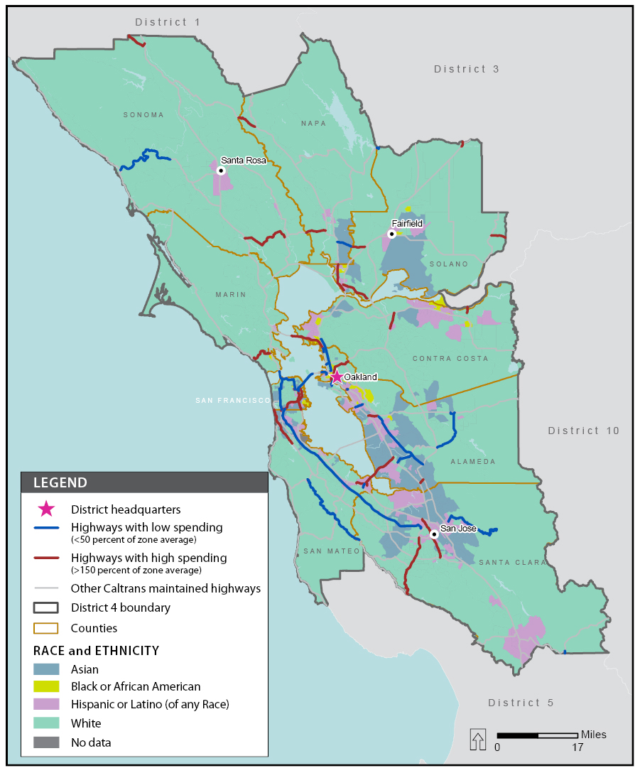 A map showing the racial/ethnic group that makes up the majority of the population of each U.S. census tract in district 4 (Oakland) and also showing segments of highways in district 4 (Oakland) with high and low field maintenance spending.