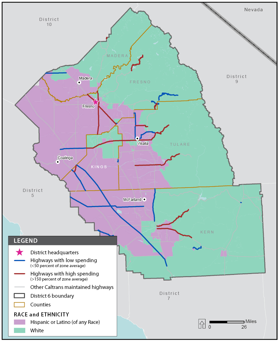 A map showing the racial/ethnic group that makes up the majority of the population of each U.S. census tract in district 4 (Oakland) and also showing segments of highways in district 6 (Fresno) with high and low field maintenance spending.