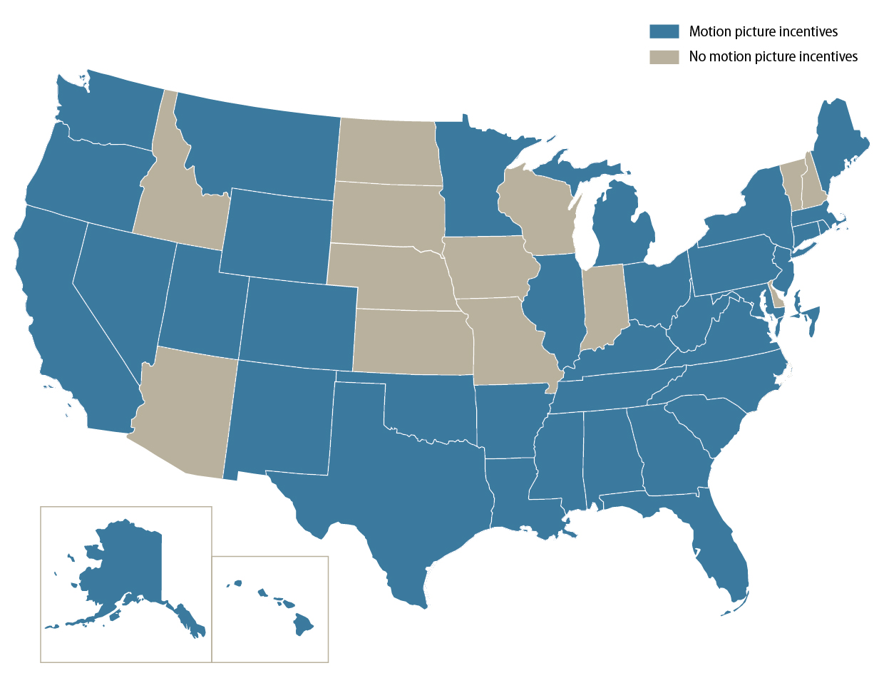 A map of the United States showing the 37 states with motion picture incentives and the 13 without motion picture incentives as of March 2014.