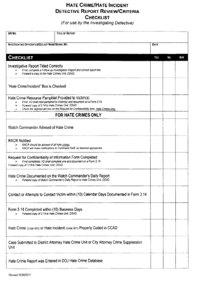 The investigating detective completes the checklist, which helps ensure that the officer has complied with all of the LA Police’s policies concerning hate crimes. For example, the checklist includes whether the hate crime was documented in the watch commander’s daily report, whether the detective attempted to contact the victim within 10 calendar days, and whether the hate crime was reported to DOJ.