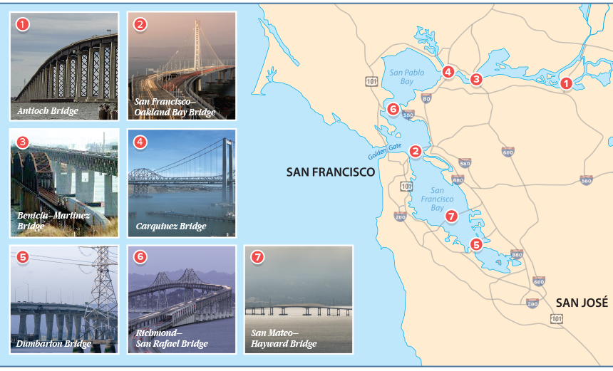 A map showing the locations of the seven toll bridges in the Seismic Program.