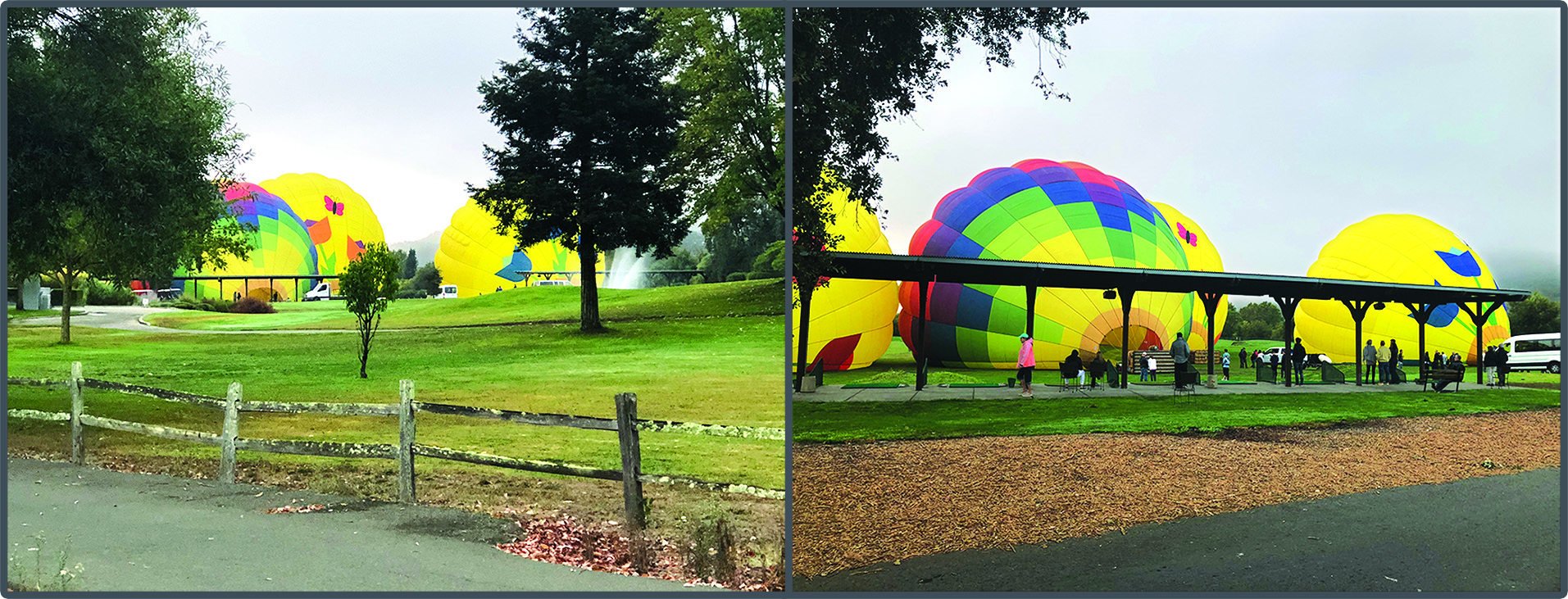 Two photographs of hot air balloons being launched from the golf course.